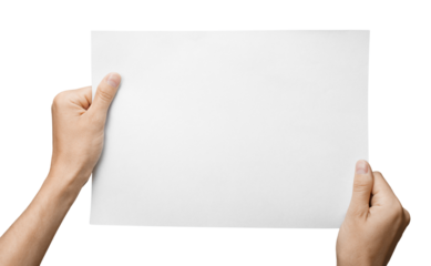 Hands holding  blank paper isolated on white background