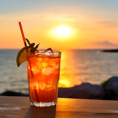 Glass of refreshing summer cocktail on the beach at sunset with blurred sea shore background. Tropical orange cocktail with ice cubes and whiskey on sunset background. Generative AI