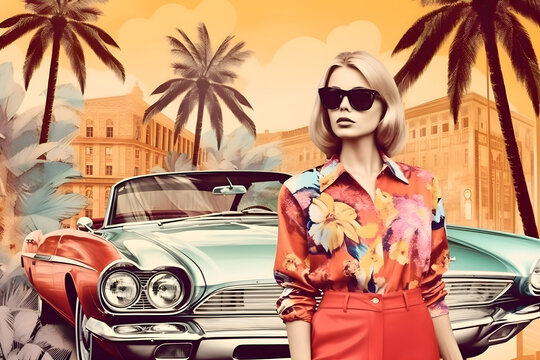 60s retro style fashion woman wearing clothing. Travel collage with retro cars.