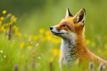 Portrait of a cute red fox (Vulpes vulpes) sitting in green grass. Red fox in the meadow. Digital art