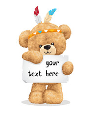 Vector illustration of cute teddy bear with feather headdress holding blank paper