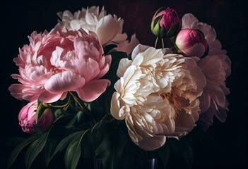 Pink and white peonies bouquet. Beautiful floral art wallpaper. AI. Generative AI