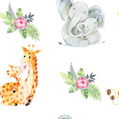 Seamless pattern. Watercolor giraffe and elephant, mom and baby