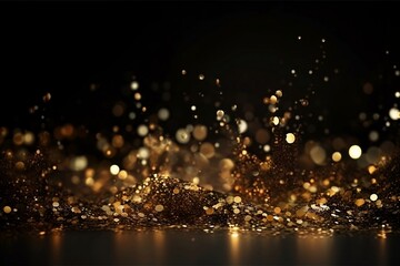 Golden Glitter on Black Background with Metallic Particles and Glittering Blur