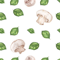 Vegan watercolor seamless pattern with basil and champignons