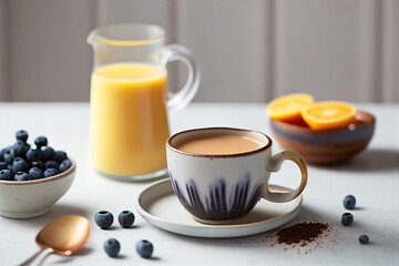 Fototapeta na wymiar Simple breakfast table setting with cup of coffee with cream orange juice blueberries. Soft morning light. Beginning of the day nutritious food energy concept