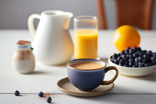 Simple breakfast table setting with cup of coffee with cream orange juice blueberries. Soft morning light. Beginning of the day nutritious food energy concept