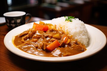 Japanese ordinary curry rice (Potatoes, carrots, onions and beef in spicy yellow curry served with steamed rice.). Generative Ai - obrazy, fototapety, plakaty