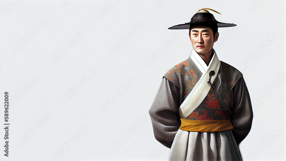 Wall mural A Korean man wearing a traditional costume from his country in front of a white background. Young man wearing a Hanbok. Generative AI illustration.