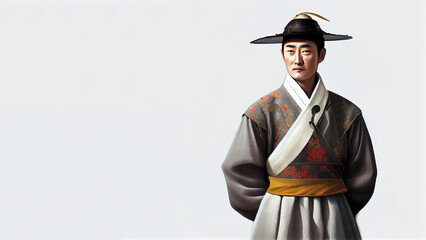 A Korean man wearing a traditional costume from his country in front of a white background. Young man wearing a Hanbok. Generative AI illustration.