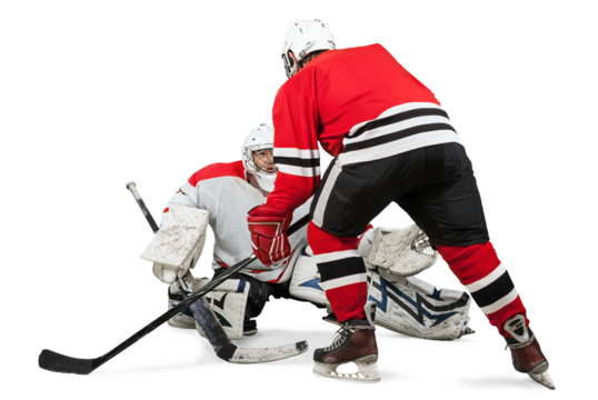 Male ice hockey players in helmets holding hockey sticks and playing on a white background