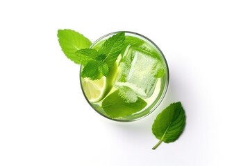 Glass of mojito cocktail with lime and mint on white background. top flat view. Generative AI