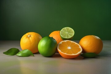 Oranges and limes on a green background. Citrus fruits. Generative AI