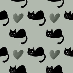 Gray background fabric image, black cat and gray heart.