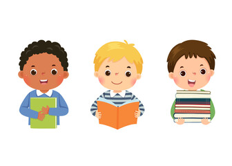 Set of vector illustration cartoon of little boys with books. Book lover concept - 589622860