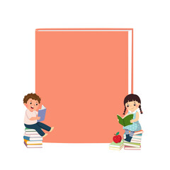 Vector cartoon boy and girl sitting on stack of books and reading books with cover book background - 589622896