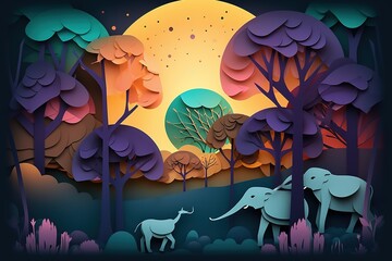 Illustration of elephants in forest, Creative Origami design world environment and earth day paper cut. Generative AI