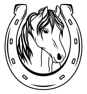 Horseshoe and horse head, vector illustration. Emblem