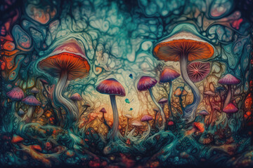 Fototapeta na wymiar Magic mushrooms in the mysterious forest. Generative ai illustration