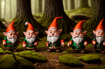 Obraz premium Toy dwarves in forest. Cute figures of garden gnomes in woodland. Generative AI.
