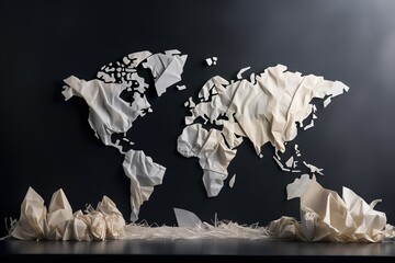 Сoncept of global pollution A paper map of the world with trash bags on the continents. Generative AI
