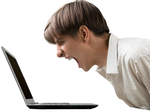 Portrait of a Young Man Screaming Against Laptop