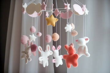 Baby crib mobile, kids handmade toys above the newborn crib. First baby eco-friendly toys made from felt and wood. AI generated image