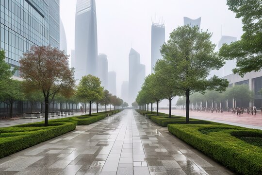 Park in lujiazui financial center, Shanghai, China. Generative AI