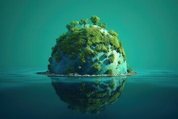Planet earth on a green background Green continents made from the crown of a tree Clear azure water The ecological concept. Generative AI