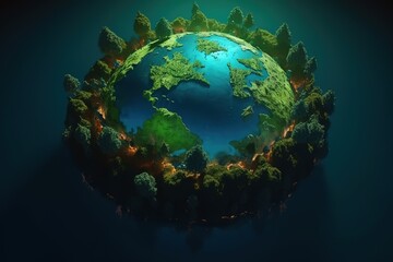 Planet earth on a green background Green continents made from the crown of a tree Clear azure water The ecological concept. Generative AI