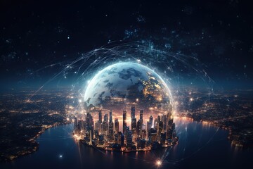 Planet Earth on the background of blurred lights of the city Concept on business. Generative AI