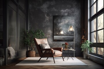Fototapeta na wymiar The stylish composition at living room interior with minimal design | Spacious long living room with dark design | interior of modern living room ,Generative AI