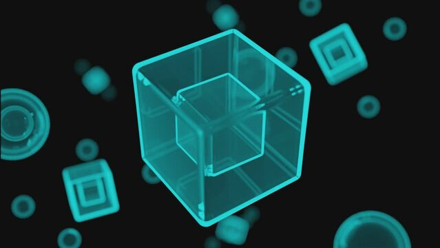 Basic 3D geometric shapes spinning on a black background. Design. Concept of geometry studies.