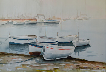 Fototapeta na wymiar Watercolor of various boats gathered on the beach
