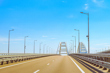 Automobile and railroad bridge across the Kerch Strait or Crimean bridge. Navigable Arch of the highway and railroad section of the Crimean bridge.