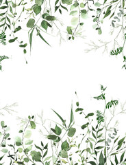 Watercolor painted greenery frame. Green wild plants, branches, leaves and twigs. Cut out hand drawn PNG illustration on transparent background. Isolated template clipart.