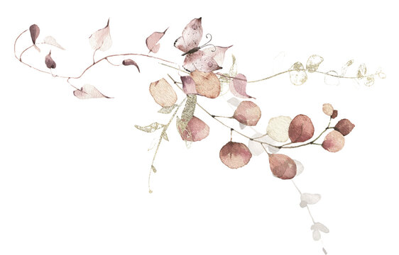 Watercolour floral composition. Pink, beige, brown dry eucalyptus branches, leaves, butterfly, golden element. Cut out hand drawn PNG illustration on transparent background. Isolated clipart.