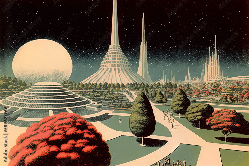 Aufkleber retrofuturistic landscape in 80s sci-fi style. retro science fiction scene with futuristic buildings