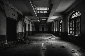 An eerie abandoned asylum, broken windows and rusted metal adorn the exterior, Illustration, black and white ink drawing. Generated AI