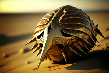 Abstract fantasy shell on the beach. Surreal seashell on the alien planet landscape. Generated AI