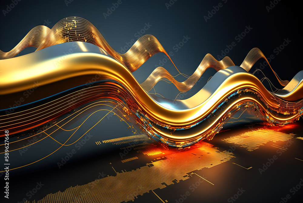 Poster Technology abstract with shiny data wave flow. Science concept with glowing wires connected on futuristic background. Generated AI.