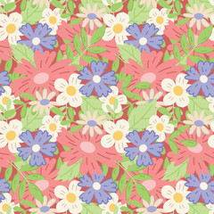 Fototapeta na wymiar Vector Floral flat seamless Pattern. Wildflowers, Daisies, Cornflowers and green leaves.