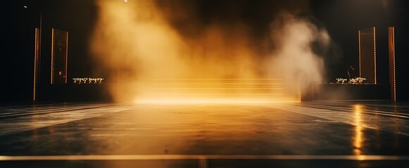 fire and smoke, spotlights shine on stage floor in dark room with burning flame , fire effect ground, idea for background, backdrop Generative Ai