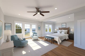3D Render of Coastal Blue and White interior design