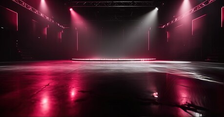 cute pink  smoke and spotlights shine on stage floor in dark room, idea for background backdrop, abandon room or warehouse, Generative Ai