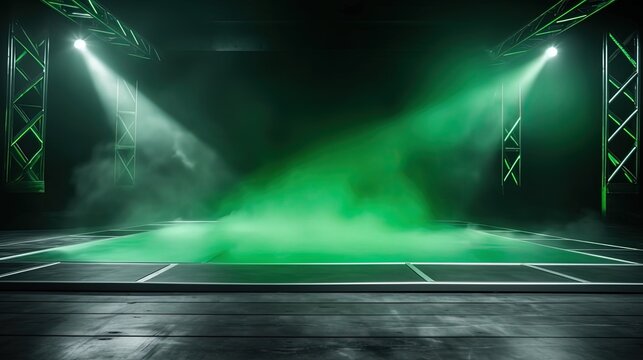 green smoke and spotlights shine on stage floor in dark room, idea for background backdrop, abandon room or warehouse, Generative Ai