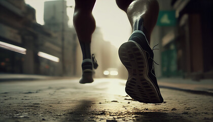 closeup legs runner running on empty street Created with Generative AI technology