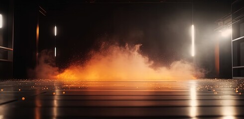 fire stage with spotlights shine on floor in dark room, idea for background backdrop, Generative Ai