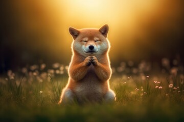 A Shiba Inu or Akita meditating with serene, peaceful and tranquil mind - obrazy, fototapety, plakaty