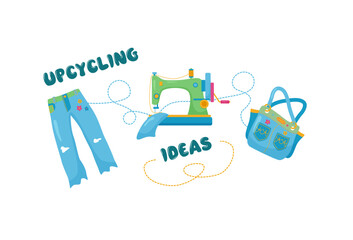 Vector cartoon illustration of upcycling process on white background. Idea to recycle old jeans to handbag and reduce waste. Ecological environmentally friendly idea to upcycle for design or concept